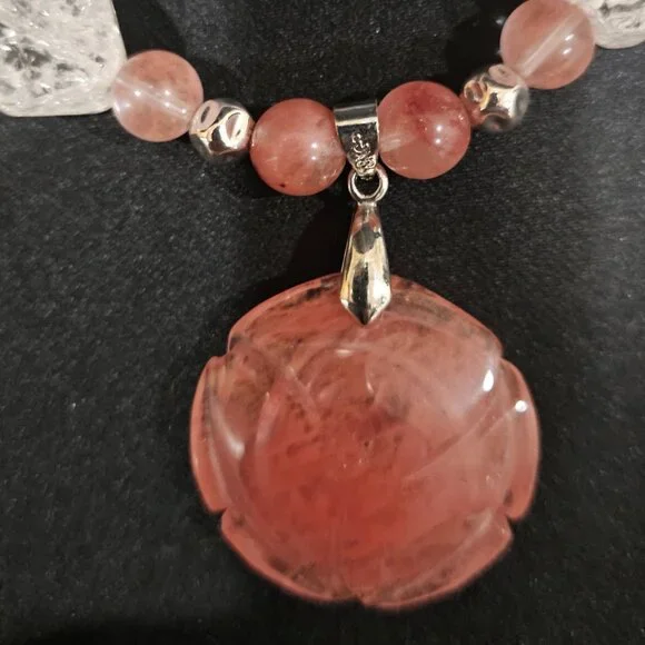 Hand Crafted Cherry Quartz Beads and Carved Cherry Quartz Pendant Necklace - Picture 4 of 9